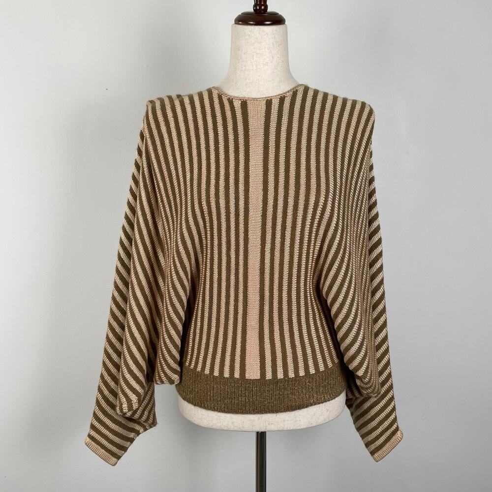 90s Vintage Epin Hand Loomed Sweater Womens S Brown Striped Wide Dolman Sleeves